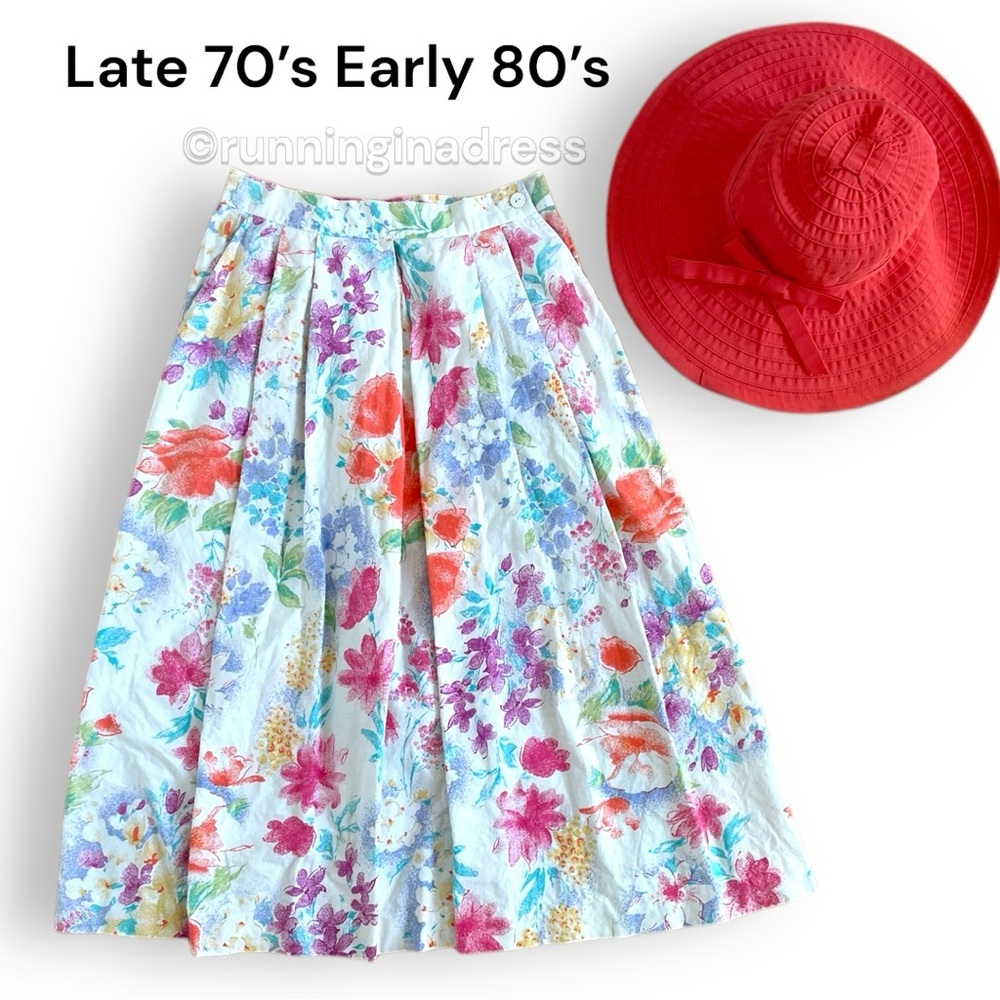 Vintage Spring Floral Box Pleated High Waist Knee Length Skirt With Pockets
